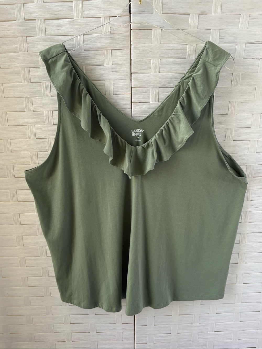 Lands' End 2X Olive Green Ruffle V-Neck‎ Tank Cotton Blend Cruise Soft Staple